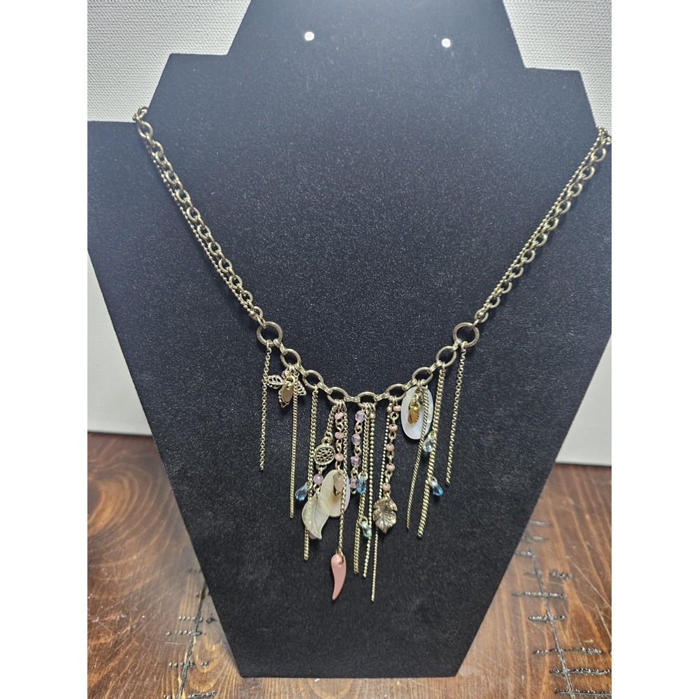Vintage Boho Whimsigoth Multi Charm Fringe Necklace Gold Tone Fairycore Eclectic